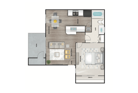 Floor plan for 1 bed, 1 bath, 750 sqft